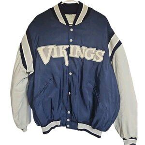 Vintage Delong Nylon Jacket Vikings Coat Mens XL Snap Up Blue Quitted Banded